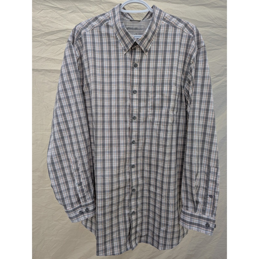 Eddie Bauer Travex Shirt Mens XL Plaid Long Sleeve Button Up Outdoor Hiking Gray